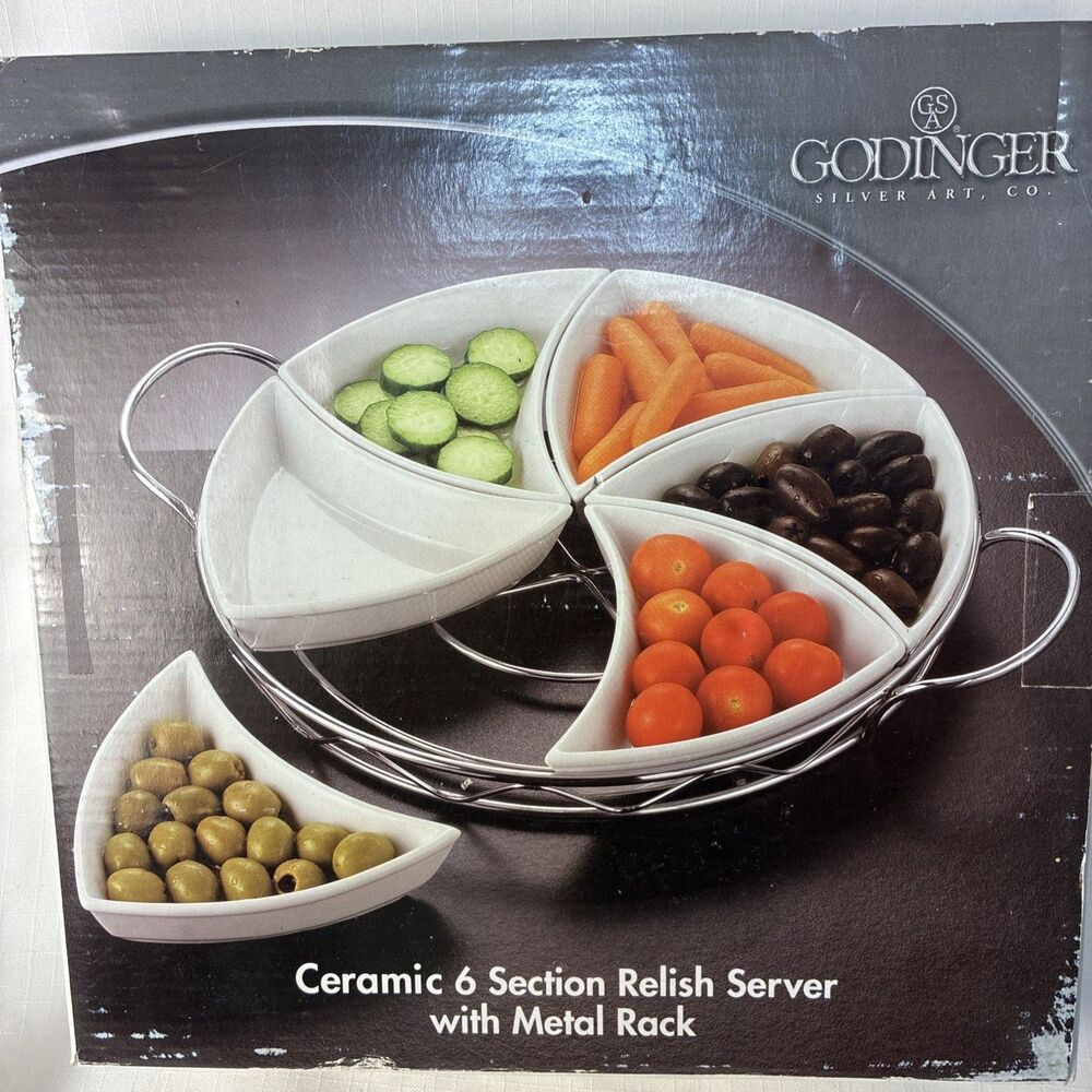 New GODINGER Porcelain 6 Section Relish Server w/ Metal Rack